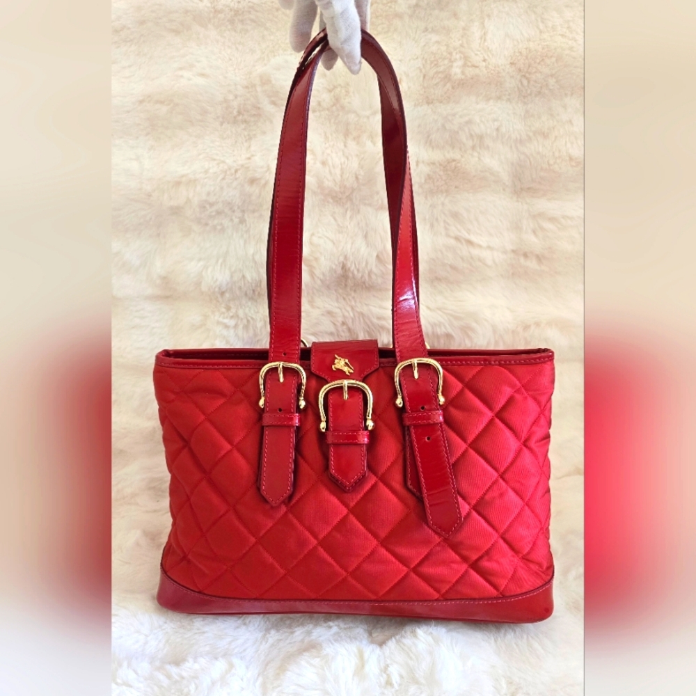 Burberry Quilted Red Bag With Red Leather Trim And Leather Handles